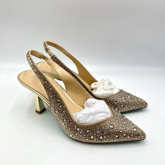 Betsey Johnson Size 6.5 Clark Gold Jewel Encrusted Slingback Heels Pumps‎ Shoes - Picture 1 of 13